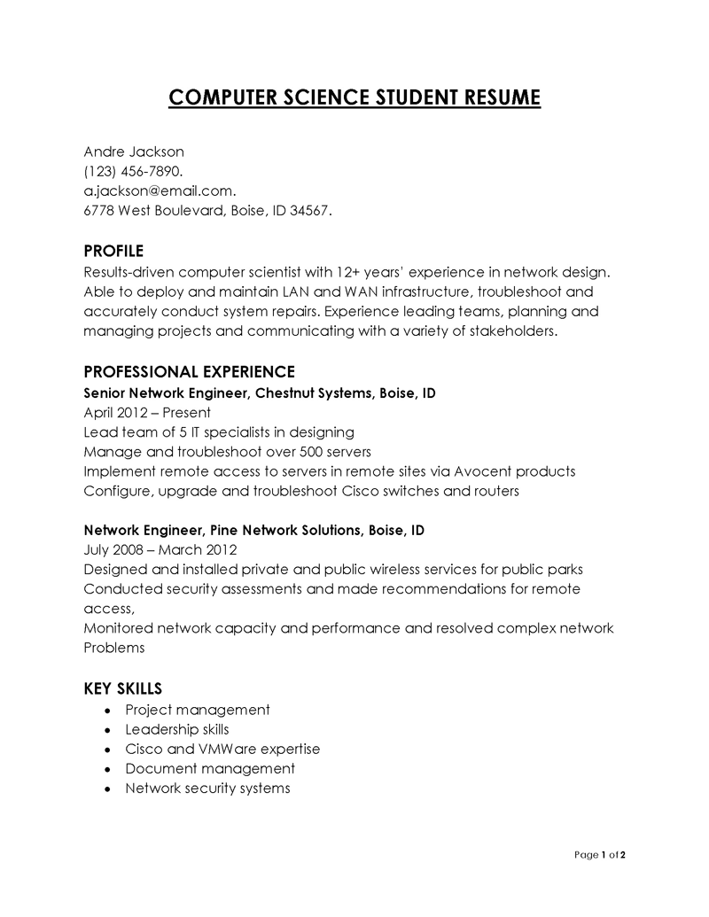 computer science student resume for internship 