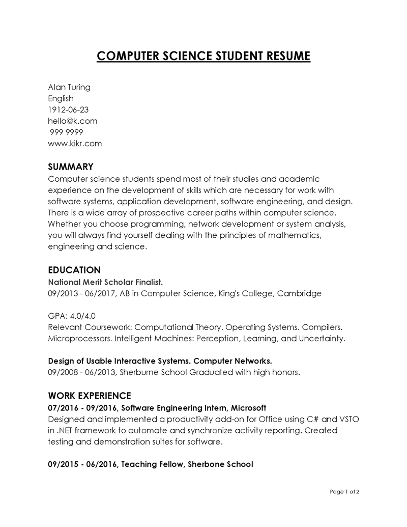 Great Customizable Software Engineering Intern Computer Science Resume Sample for Word File
