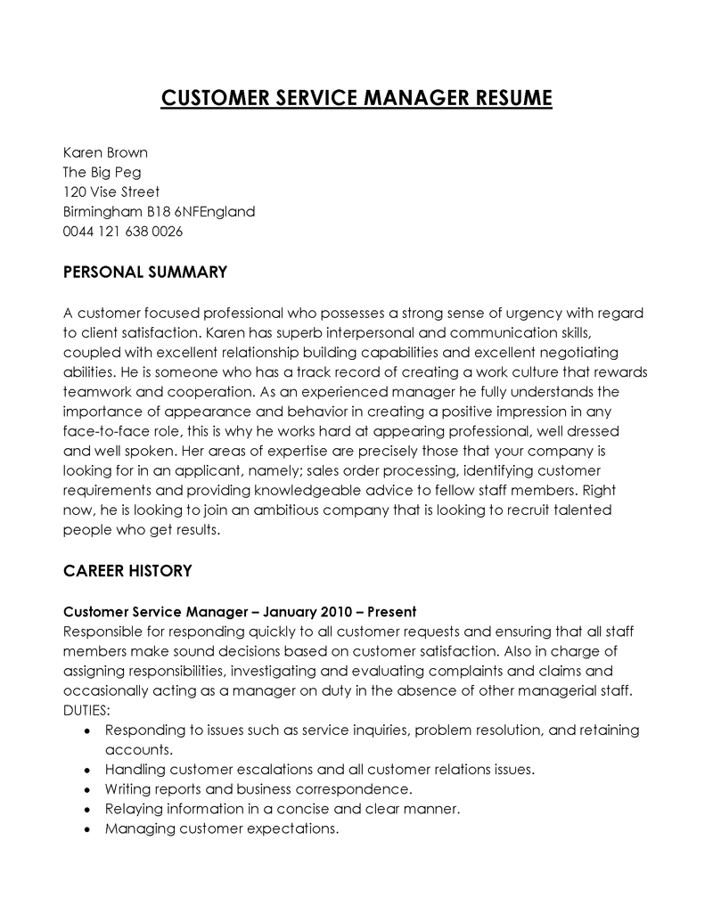service manager resume objective