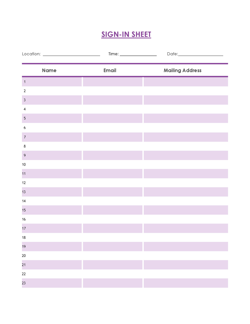 Free Fillable Sign in Sheet Template 02 for Word Document