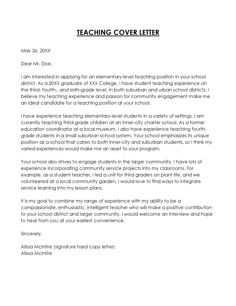  experienced elementary teacher cover letter