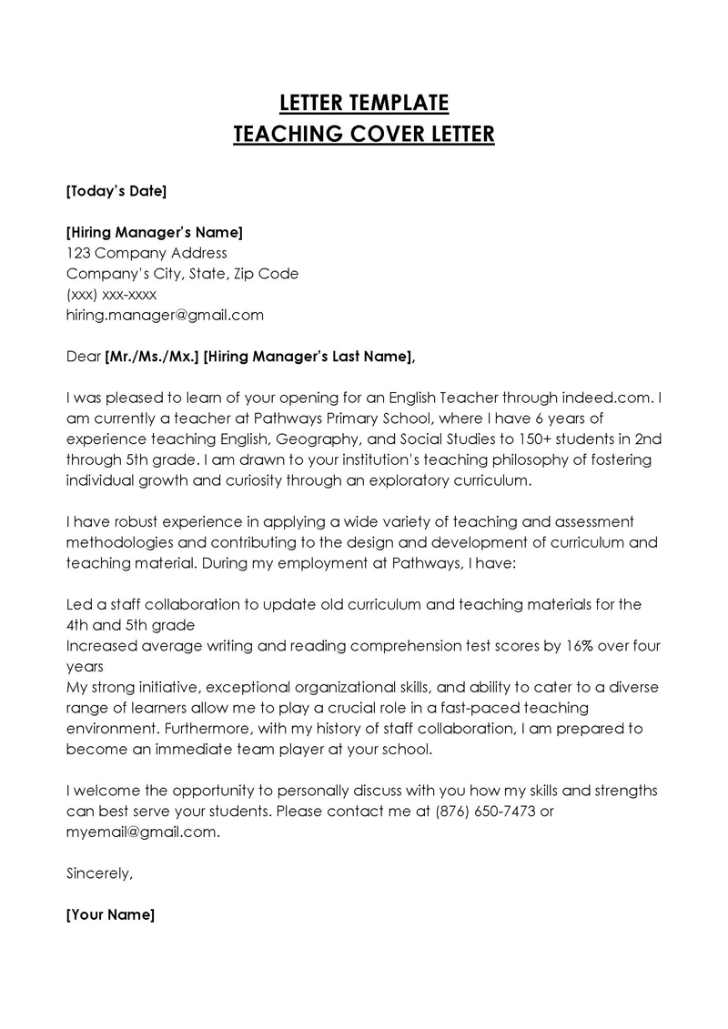 new teacher cover letter no experience