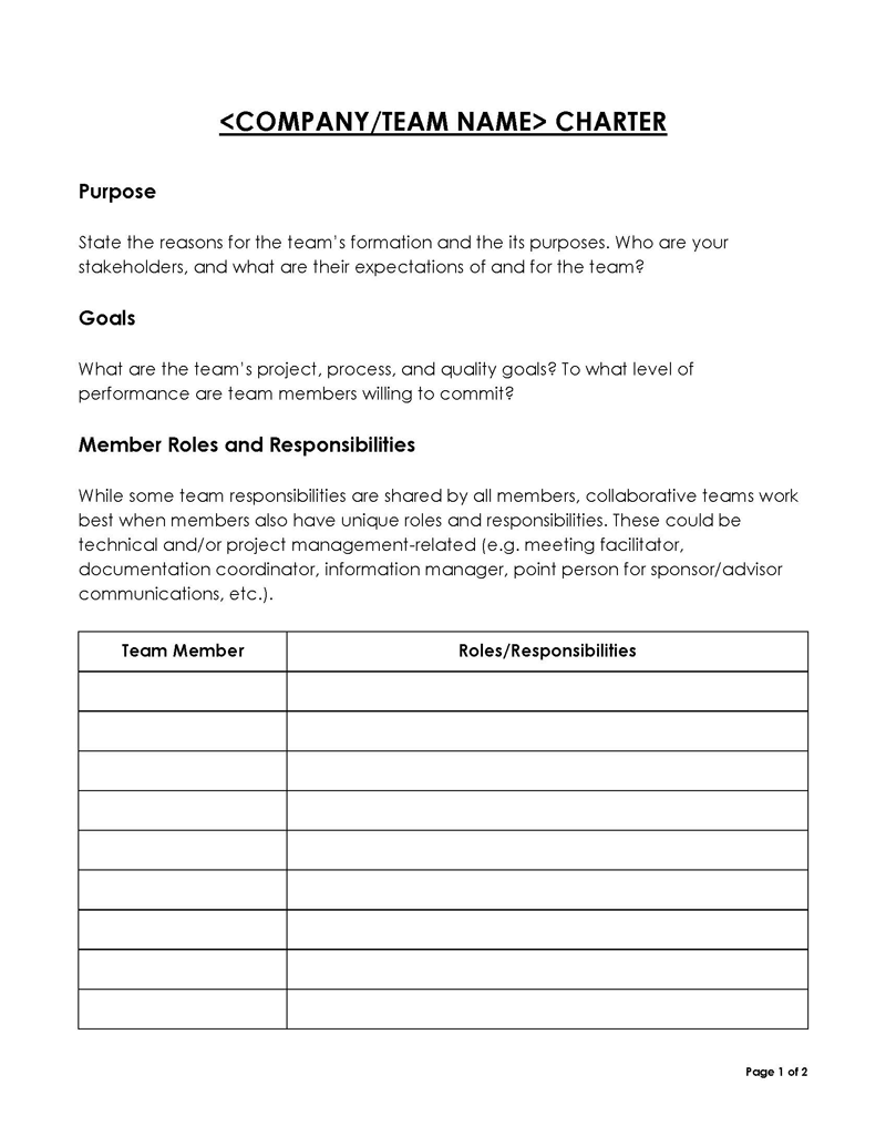 Free Printable Team Charter Template 02 as Word File