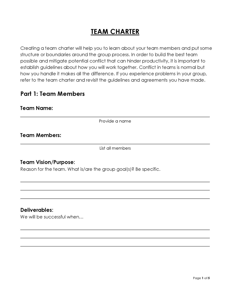 Printable Team Charter Template - Download Now for Free