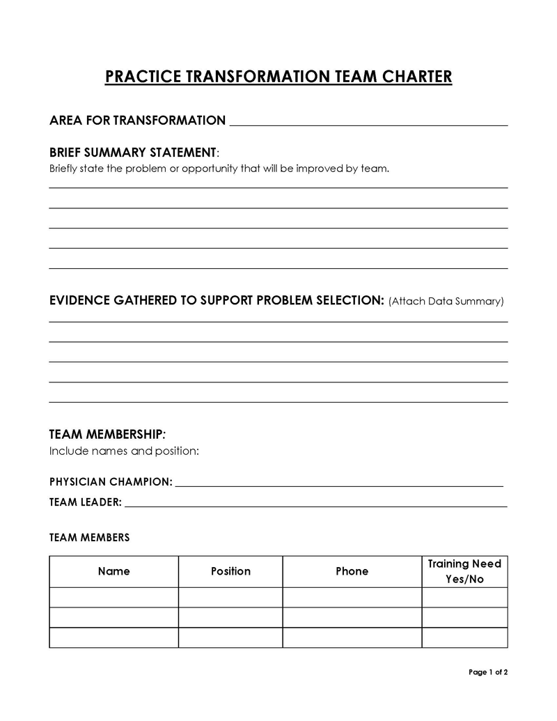 Free Editable Practice Transformation Team Charter Template in Word Format
