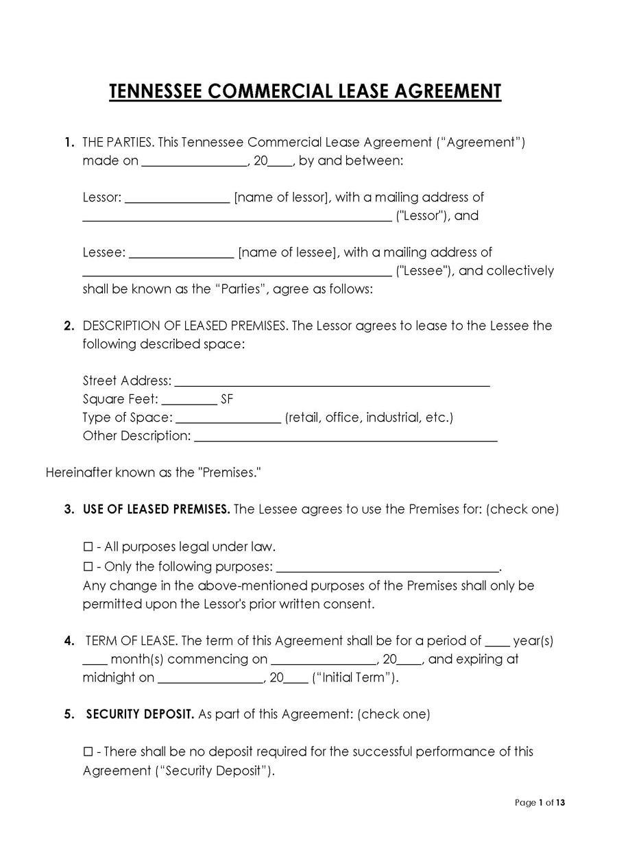 Tennessee Commercial Lease Agreement