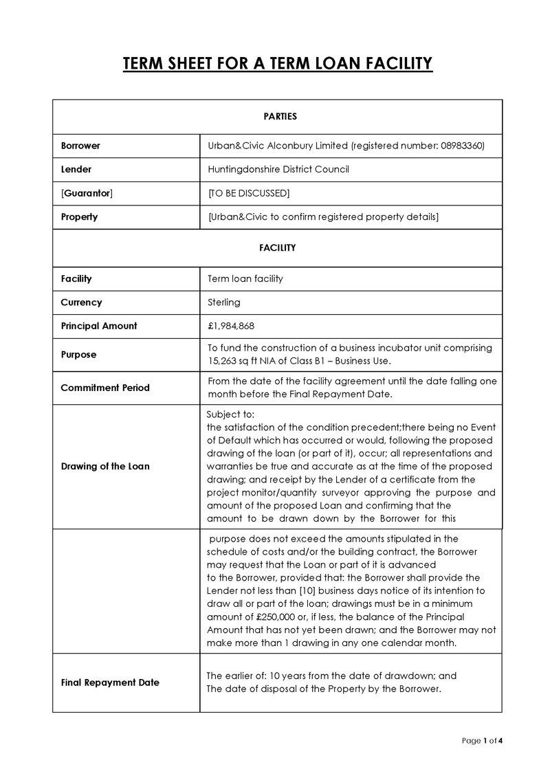 Printable Term Sheet Template 12 for Word