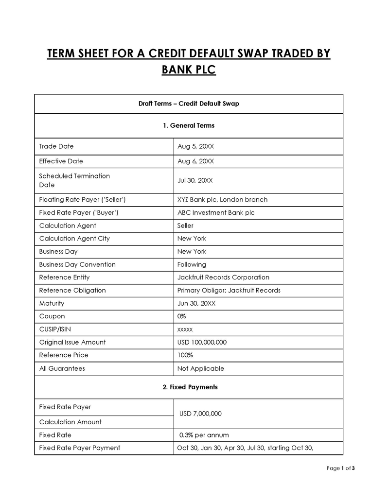 Printable Term Sheet Template 06 for Word