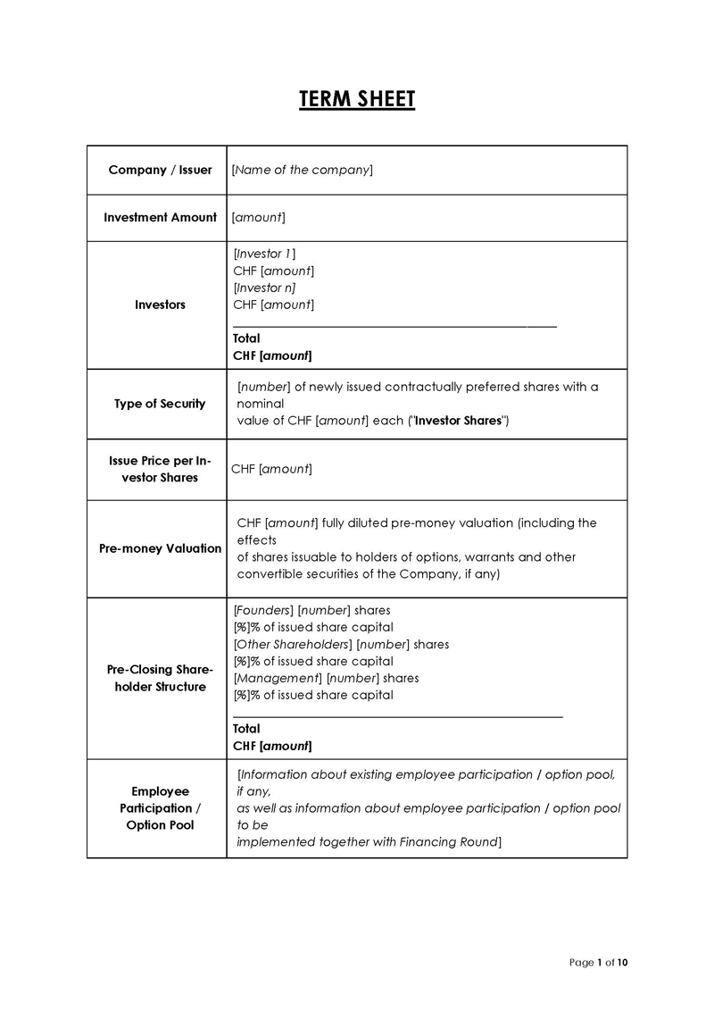 Printable Term Sheet Template 09 for Word