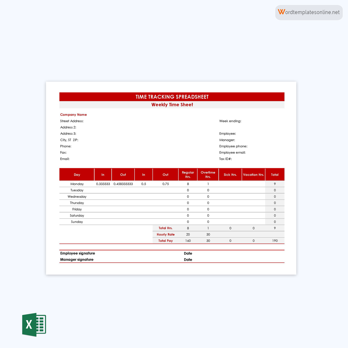 Great Editable Time Tracking Spreadsheet Template 05 as Excel Sheet