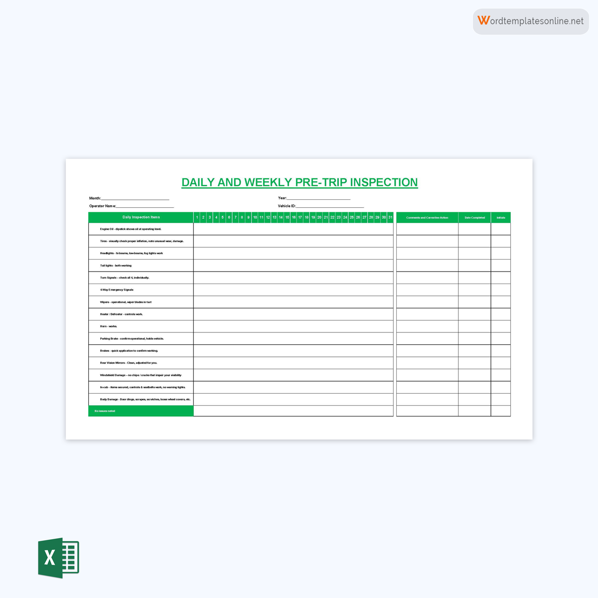 Editable Vehicle Inspection Form Template