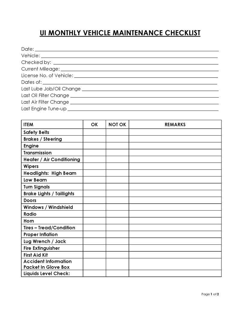 Editable Vehicle Inspection Form Example