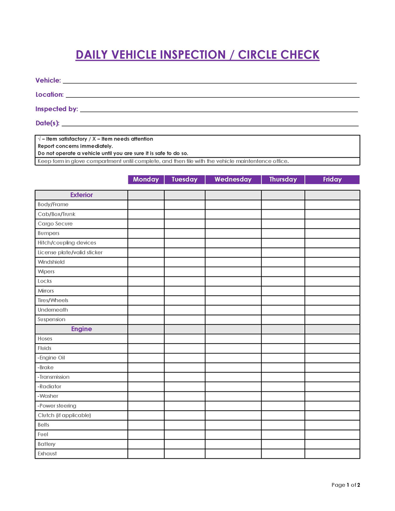Printable Vehicle Inspection Form Example