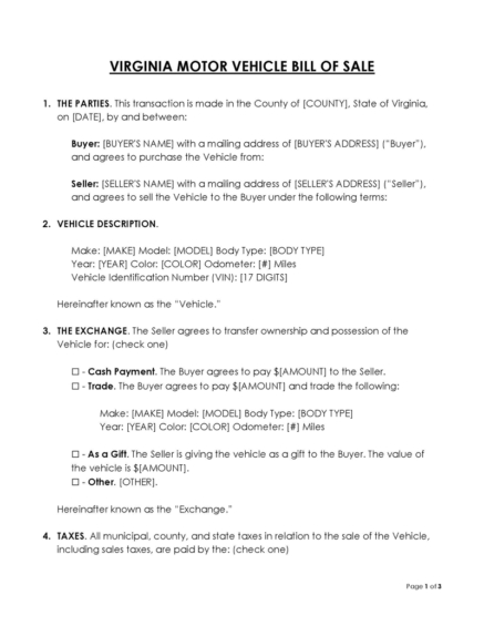 Free Virginia Vehicle Bill of Sale Forms (PDF, Word)