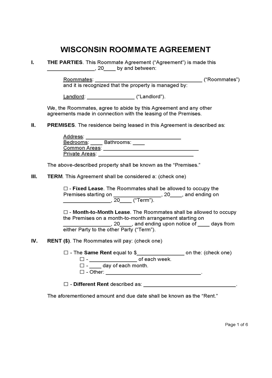 Wisconsin Roommate Lease Agreement