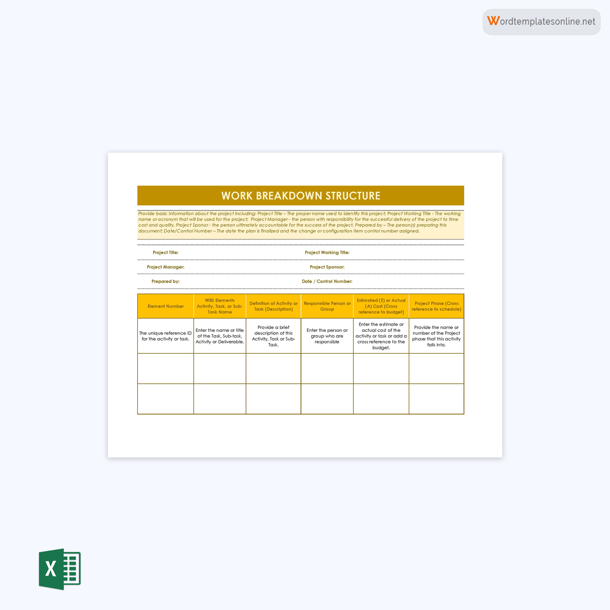 Free Printable General Work Breakdown Structure Template 02 for Excel Sheet