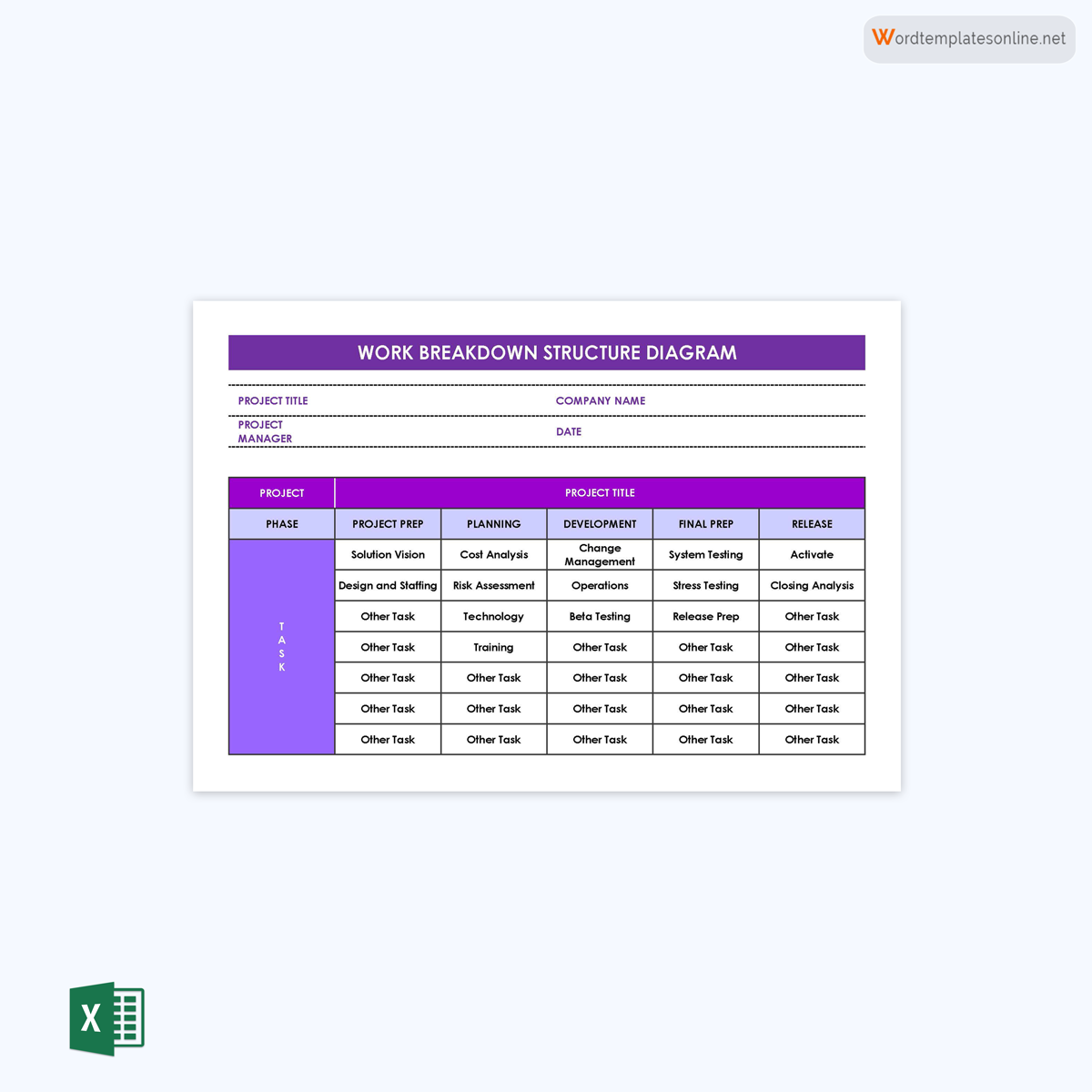 Free Printable Work Breakdown Structure Diagram Template 02 for Excel Sheet