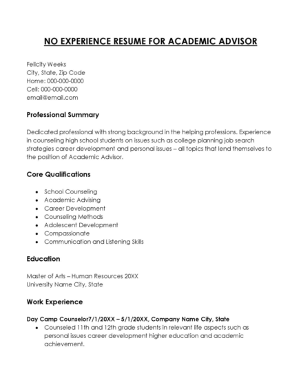 16 Free No Experience Resume Templates - Academic Advisor No Experience Resume 2 437x565 