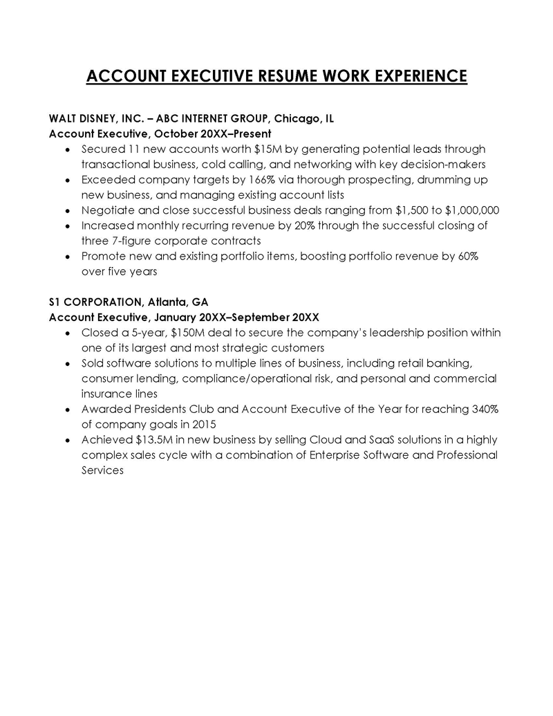 Sample Account Executive Work Experience in Resume Template