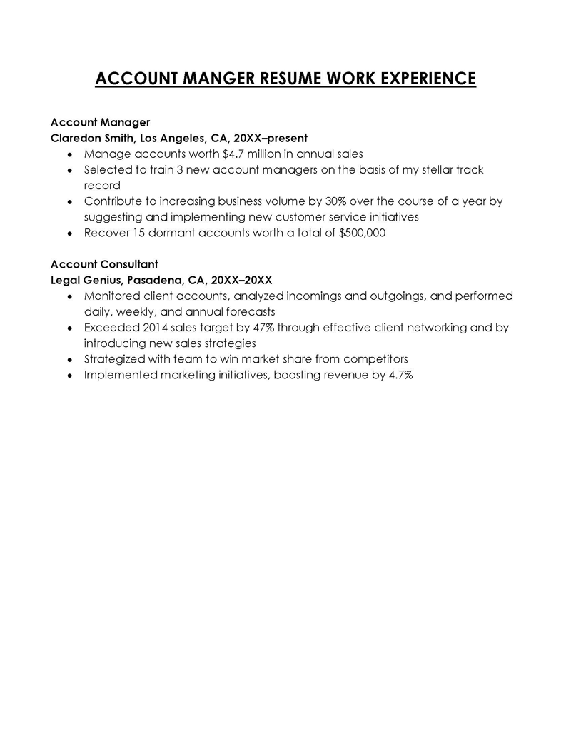 Editable Account Manager Work Experience in Resume Sample