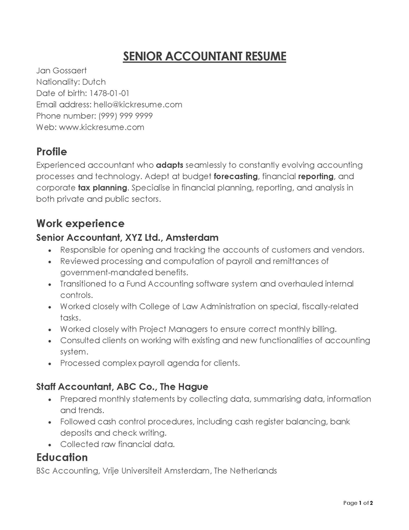 Free Professional Senior Accountant Resume Sample 02 for Word Document