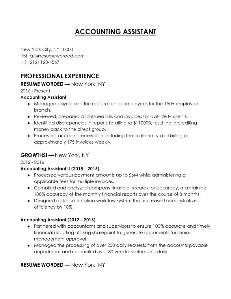 Free Comprehensive Accounting Assistant Resume Sample for Word Format