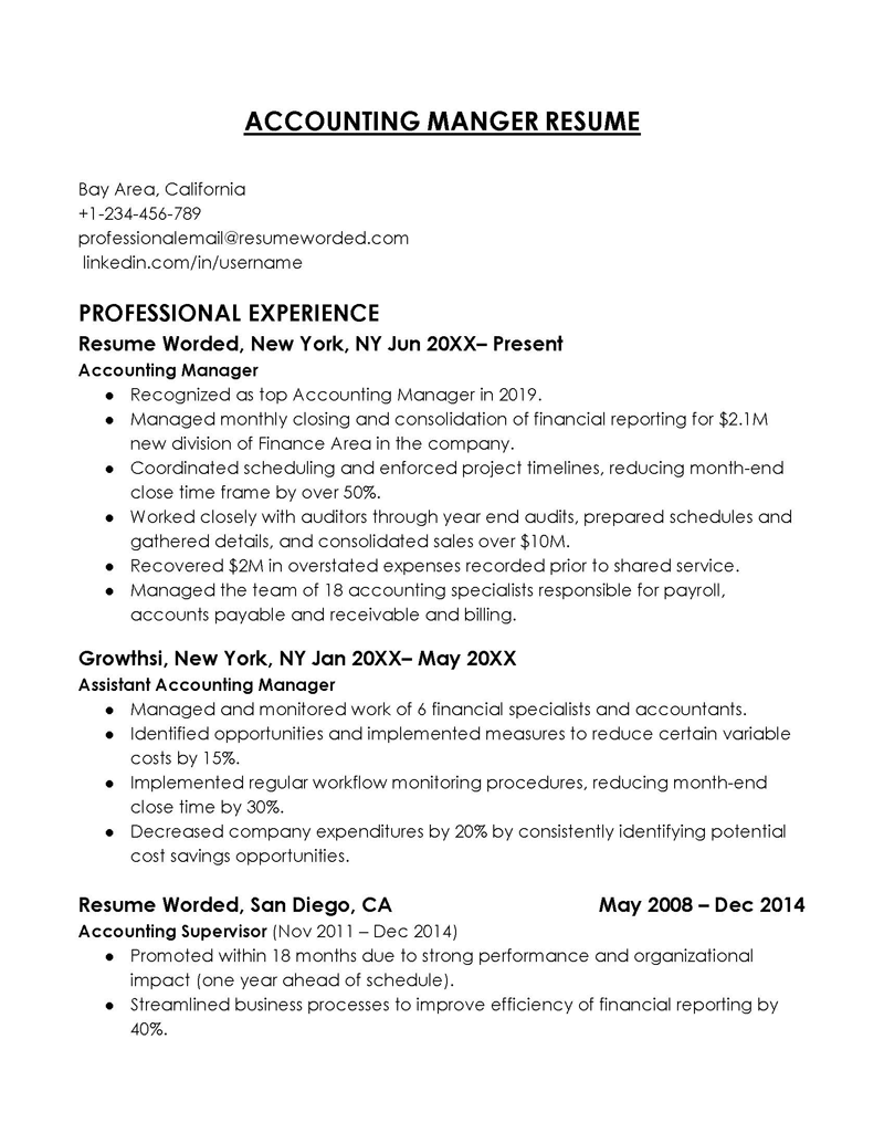 Free Comprehensive Accounting Manager Resume Sample for Word Format