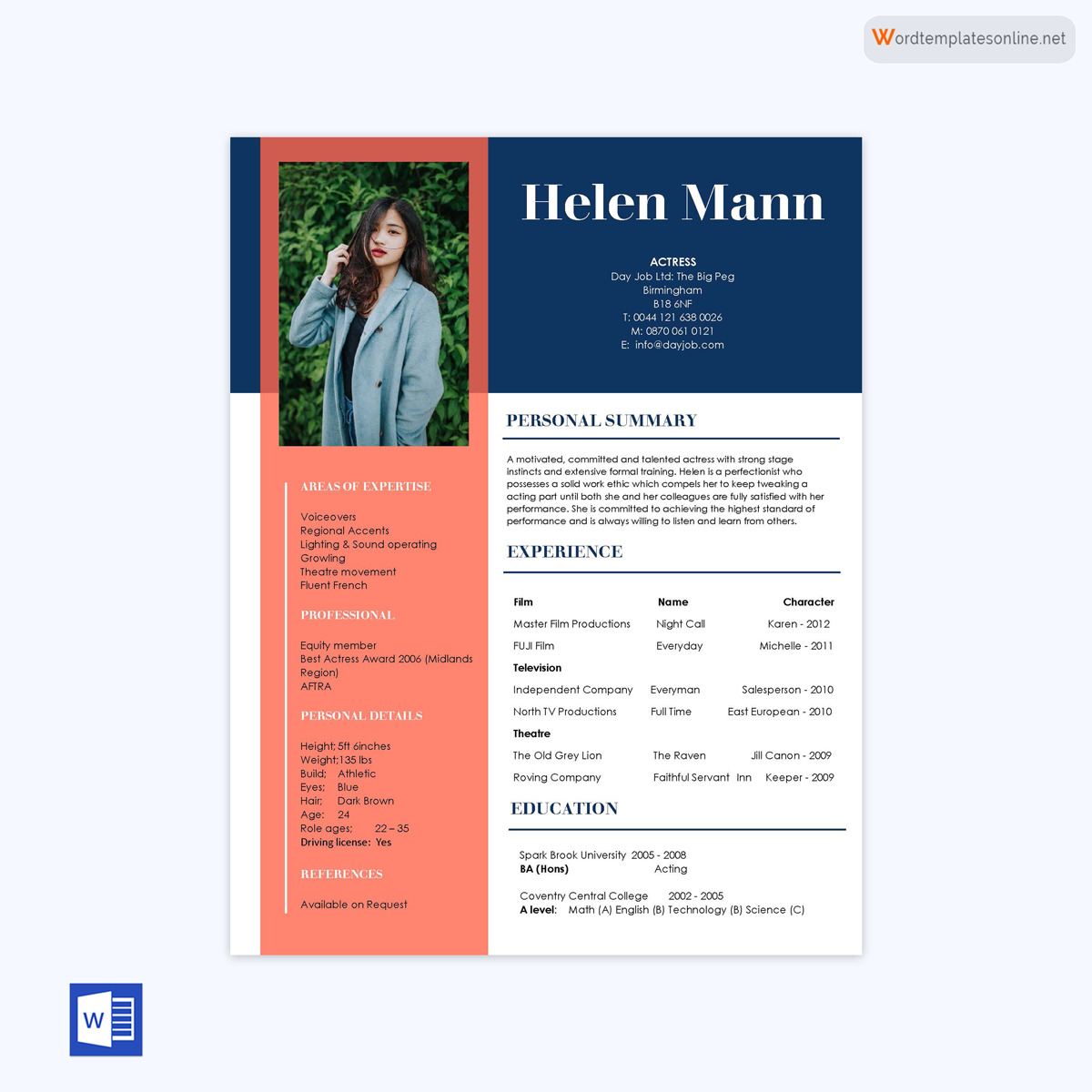 Editable Acting Resume Template 03 for Word