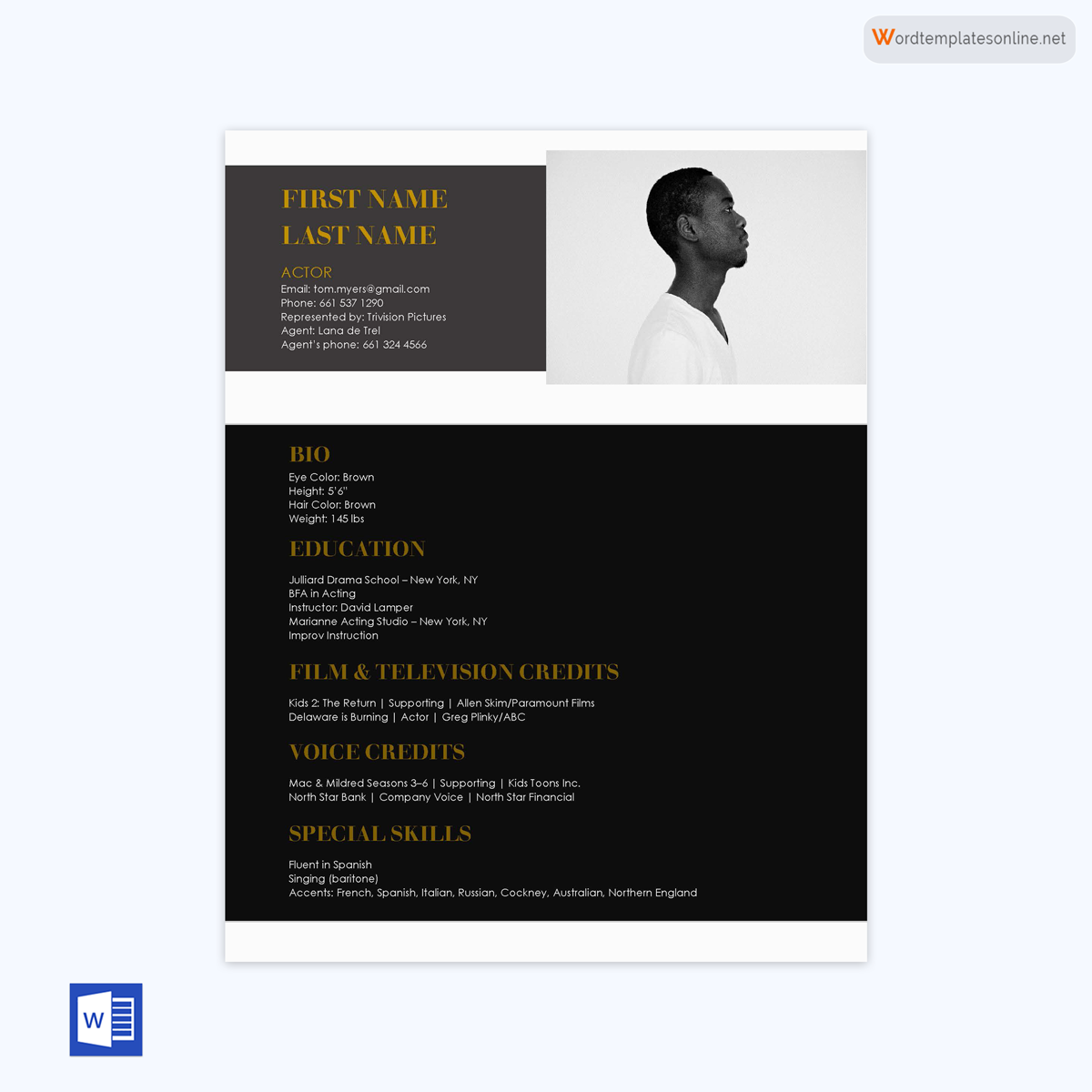 Printable Acting Resume Template 08 for Word