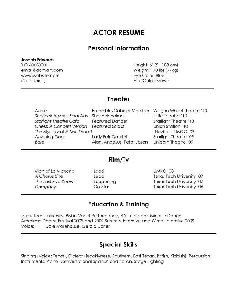 Printable Acting Resume Template 13 for Word