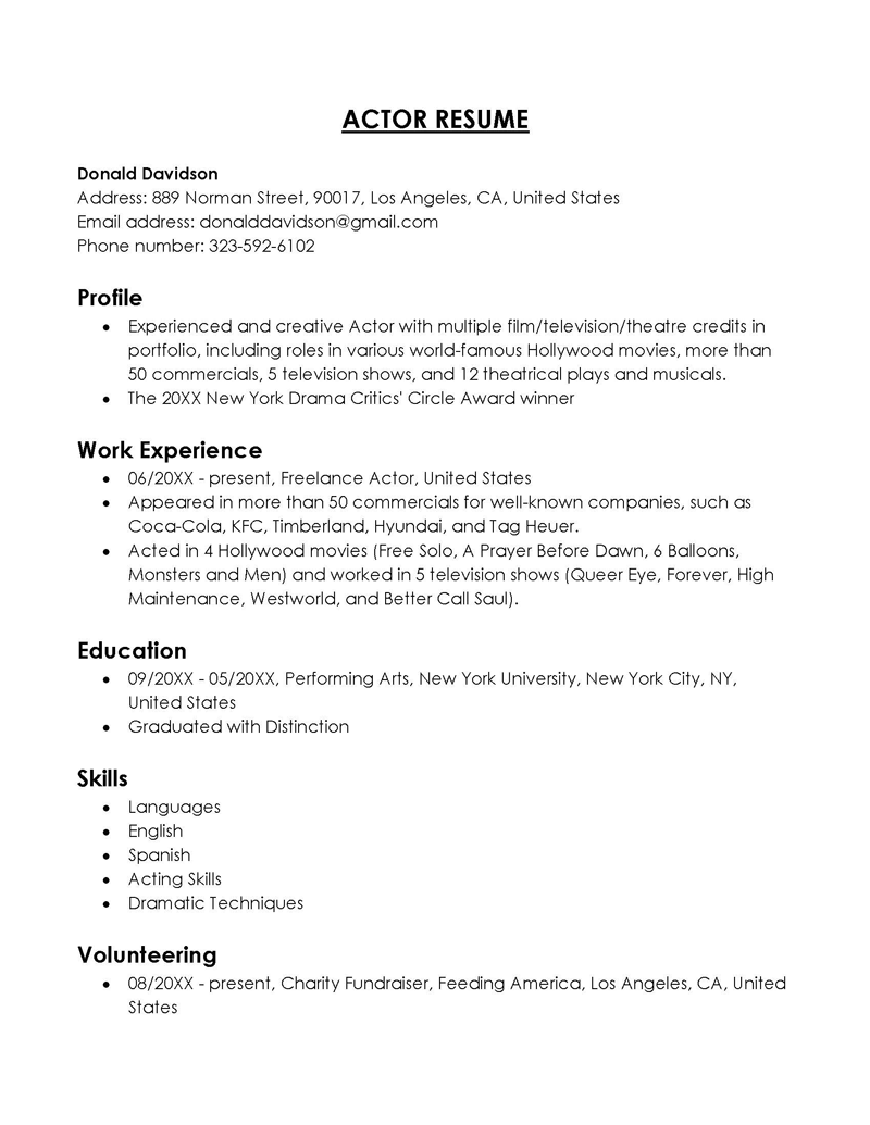 acting resume template backstage