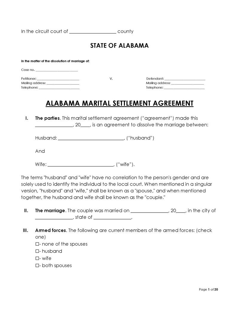 Alabama Divorce Settlement Agreement