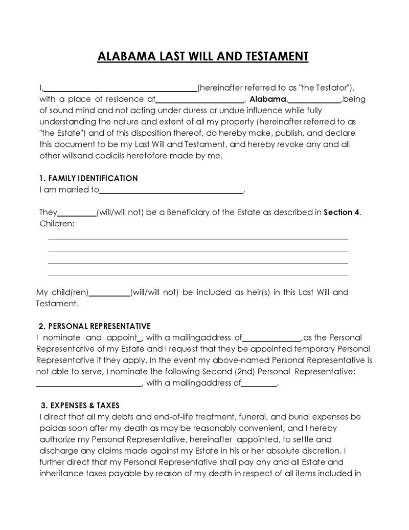 Alabama Last Will and Testament Templates Word, PDF