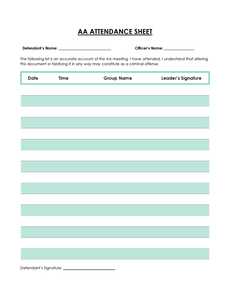 Free Editable Alcoholics Anonymous Sign in Sheet Sample as Word Format