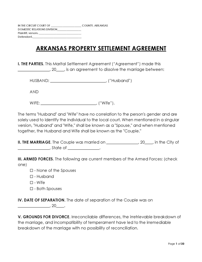 Arkansas Divorce Settlement Agreement