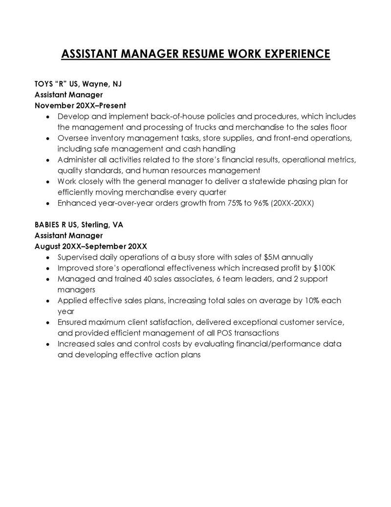 Assistant Manager Work Experience in Resume