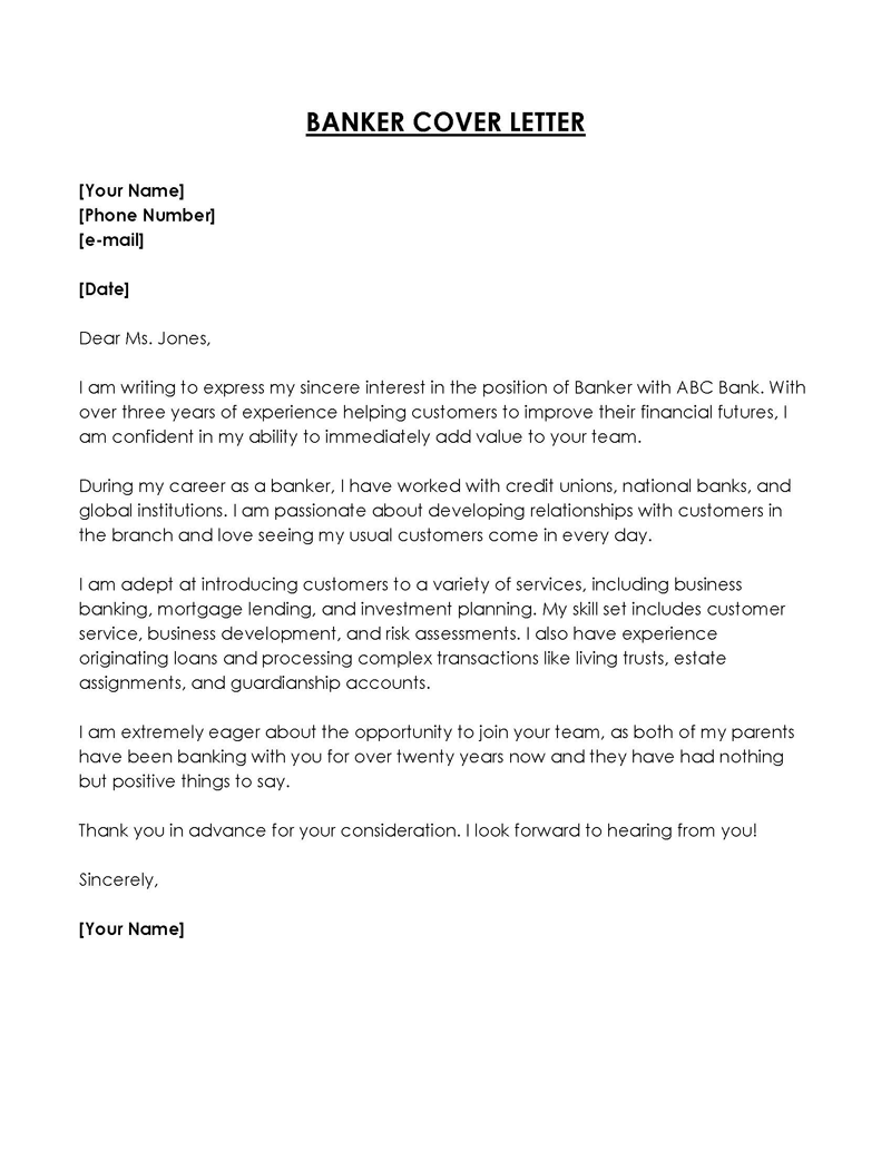 Editable Banker Cover Letter Example for Word
