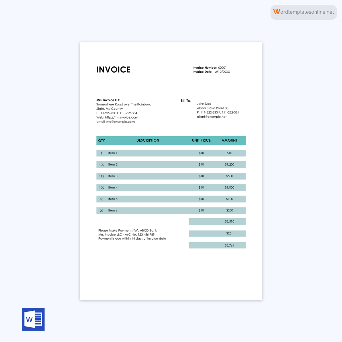 Printable invoice form with Word - Free Download