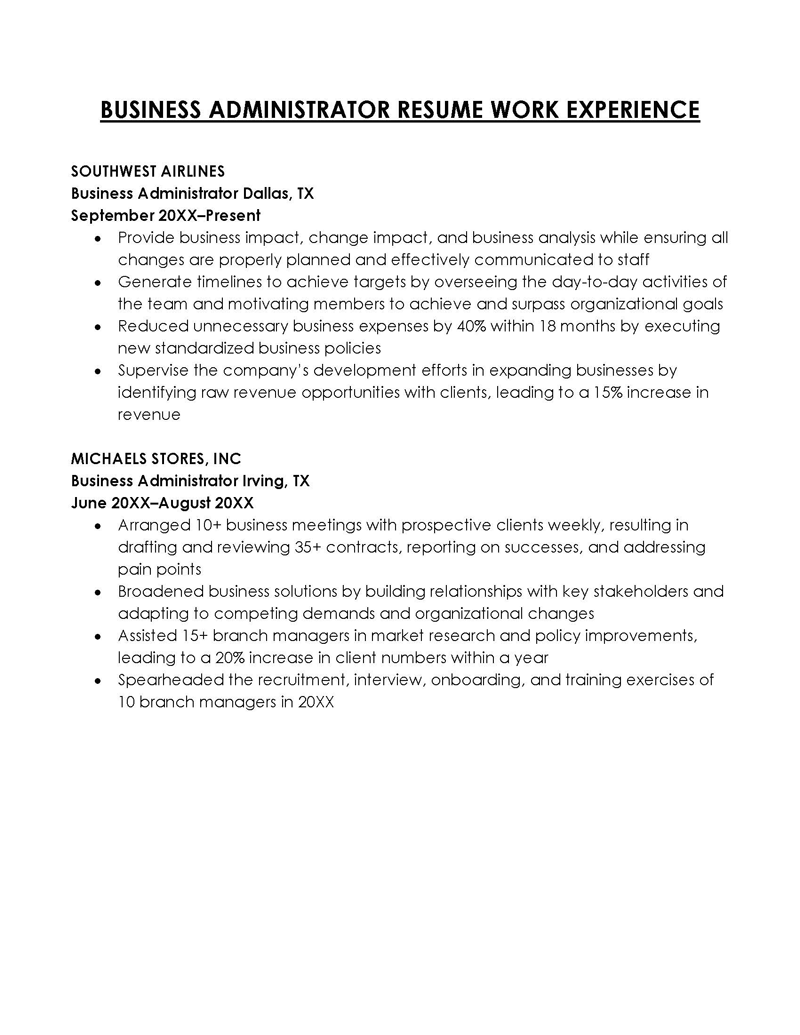 Business Administrator Work Experience in Resume