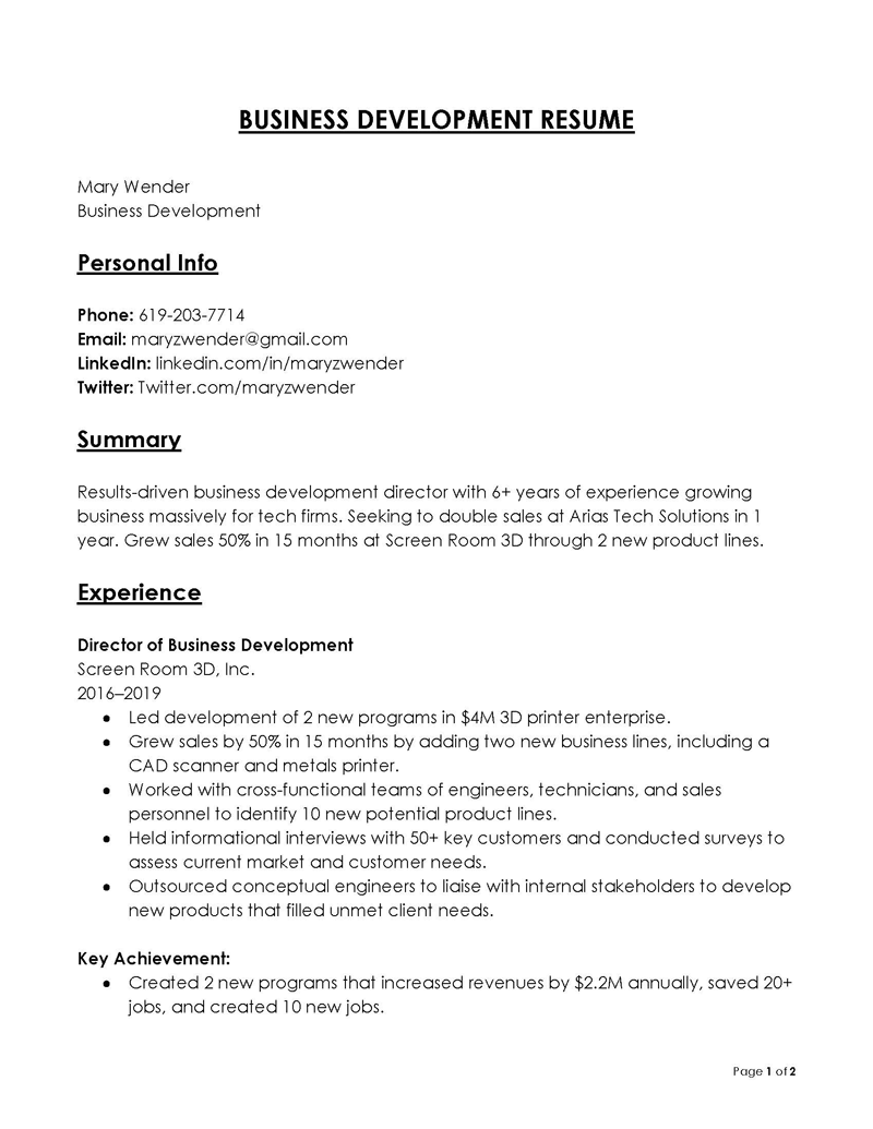 Free Printable Business Development Manager Resume Example 01 as Word File