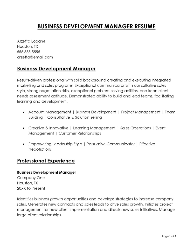 Free Printable Business Development Manager Resume Example 02 as Word File
