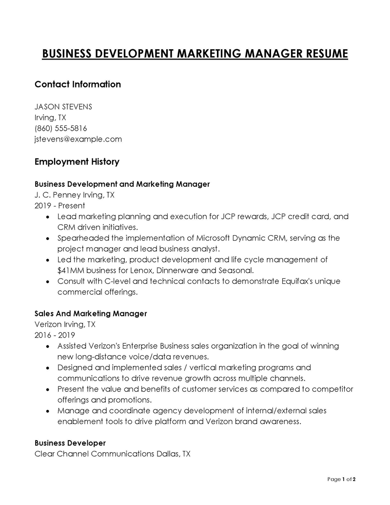 Free Printable Business Development Manager Resume Example 06 as Word File