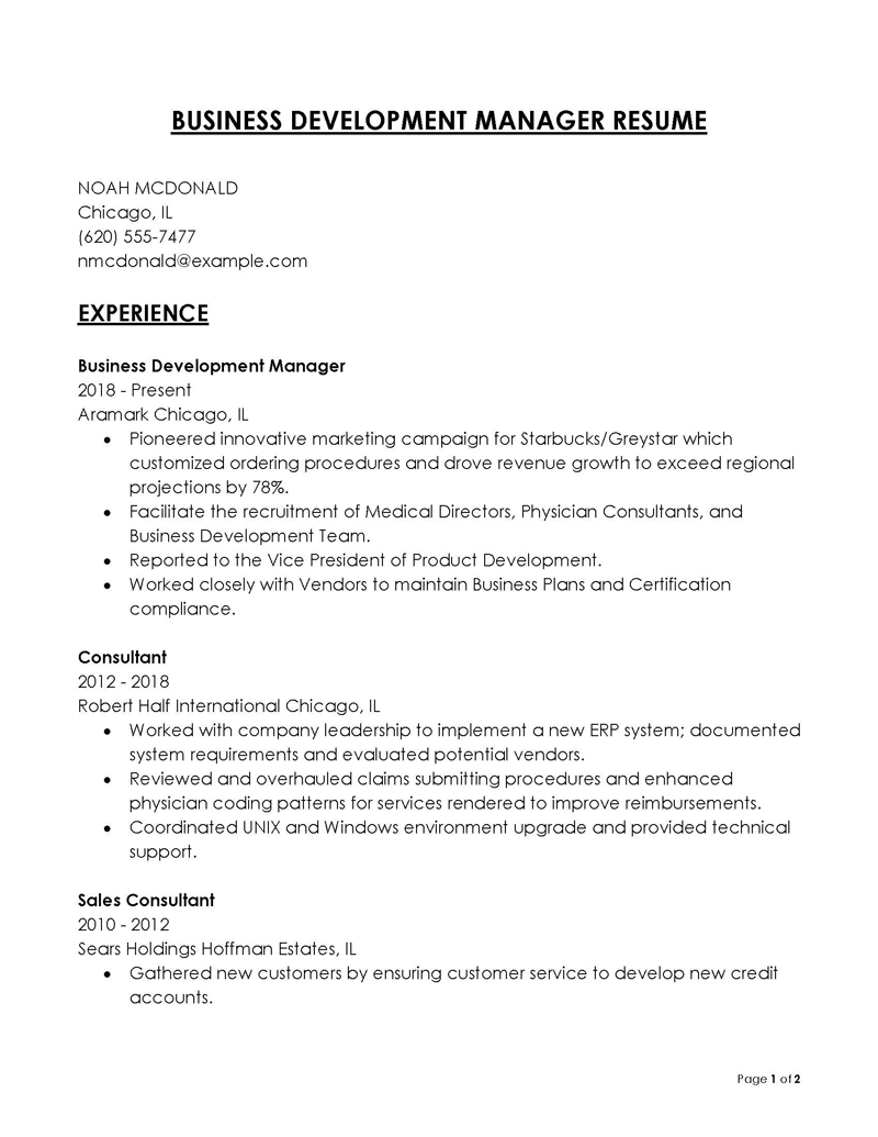 Free Printable Business Development Manager Resume Example 10 as Word File