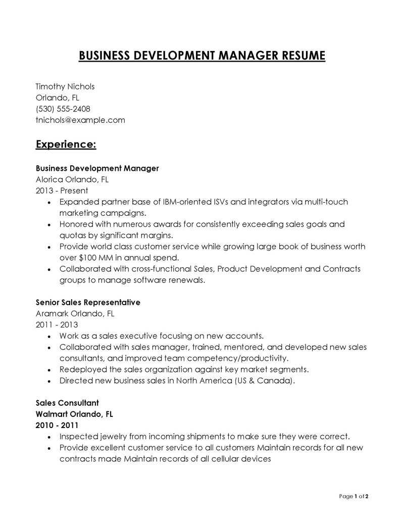 Free Printable Business Development Manager Resume Example 14 as Word File
