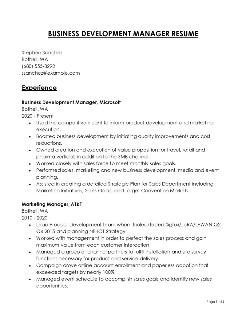 Free Printable Business Development Manager Resume Example 15 as Word File