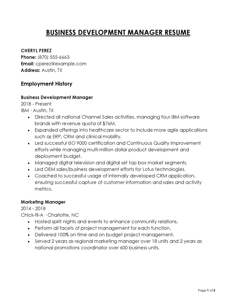 Great Editable Business Development Manager Resume Example 19 as Word File