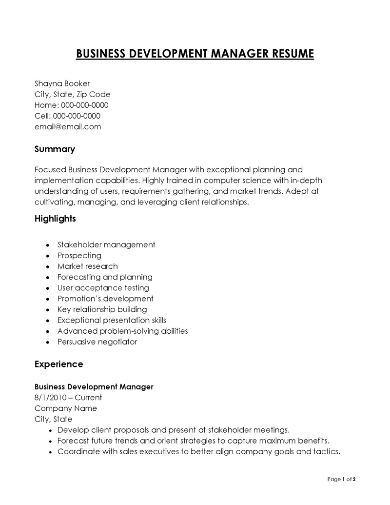 Free Editable Business Development Manager Resume Example 21 for Word Format