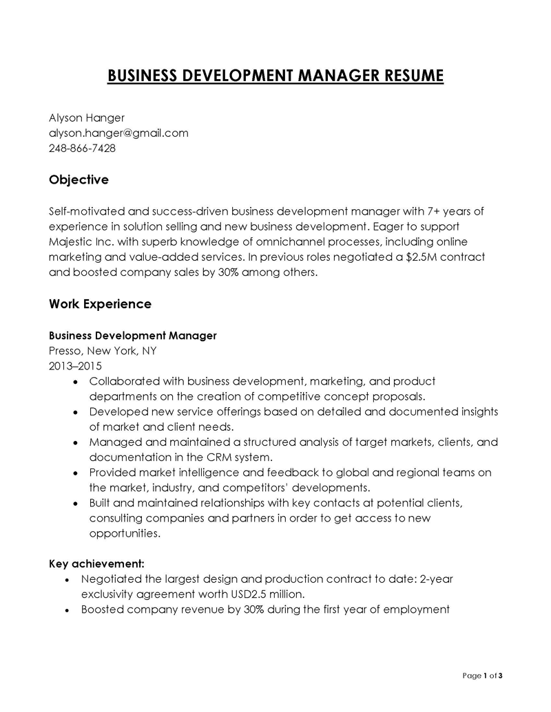 Free Editable Business Development Manager Resume Example 22 for Word Format