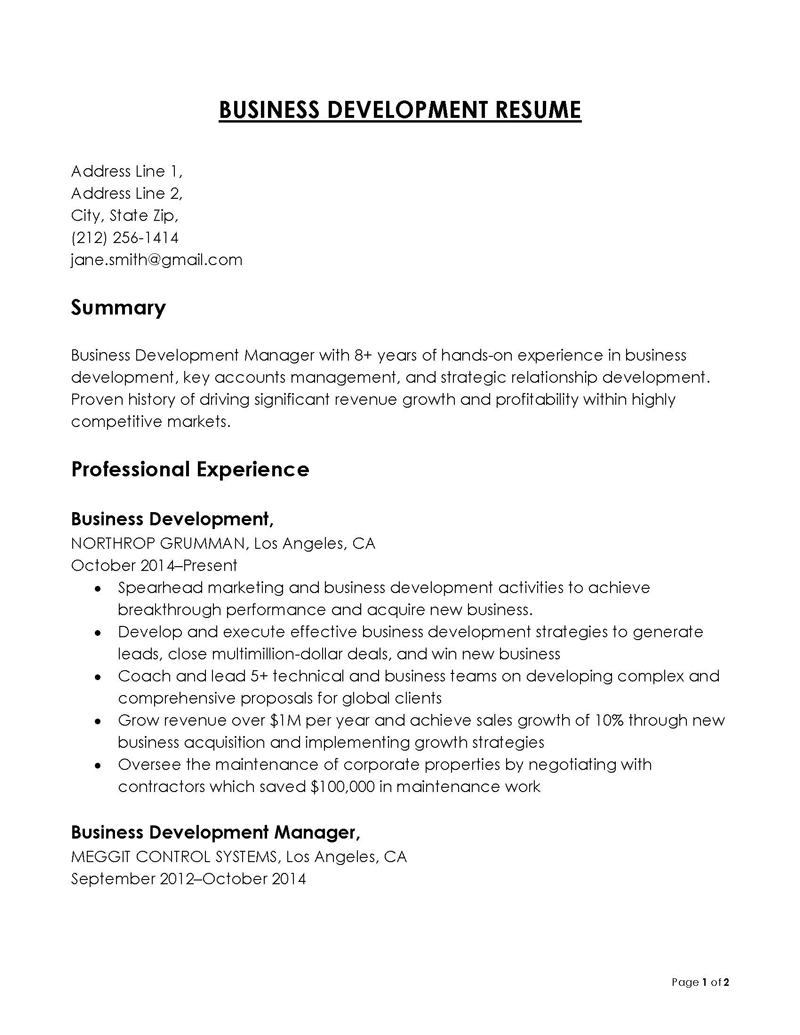 Free Editable Business Development Manager Resume Example 24 for Word Format