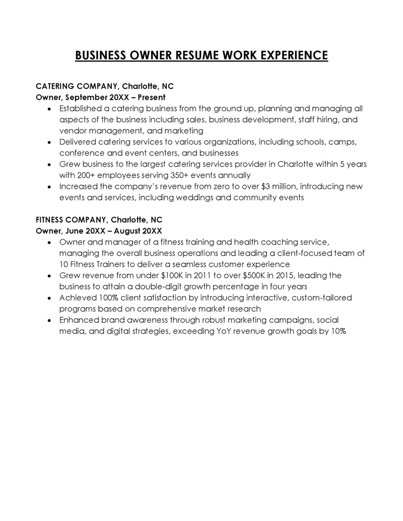 Editable Business Owner Work Experience in Resume